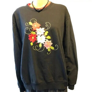 Vintage Pleasant Shade Black Floral Embroidery Women Pullover Sweater Size XL